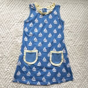 The Oaks Apparel Girls 6Y Sailboat Dress Blue Nautical Ruffle Pocket NWT